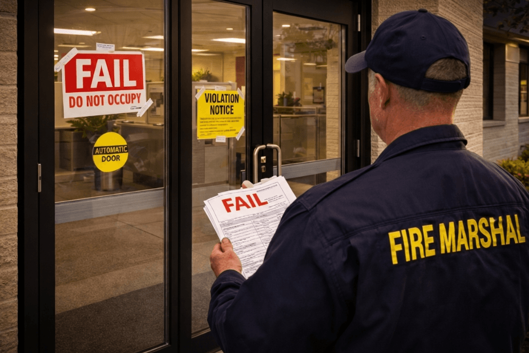 Fire Marshal posting FAIL notice on building - Chatman Security & Fire fixes inspection failures